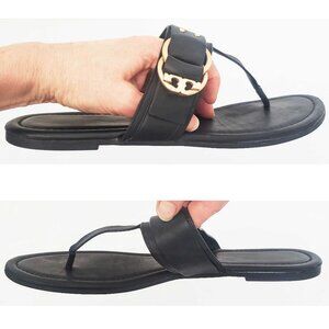 Tory Burch Marsden Thong Black Leather Flat Sandal with Gold Logo Accent 10